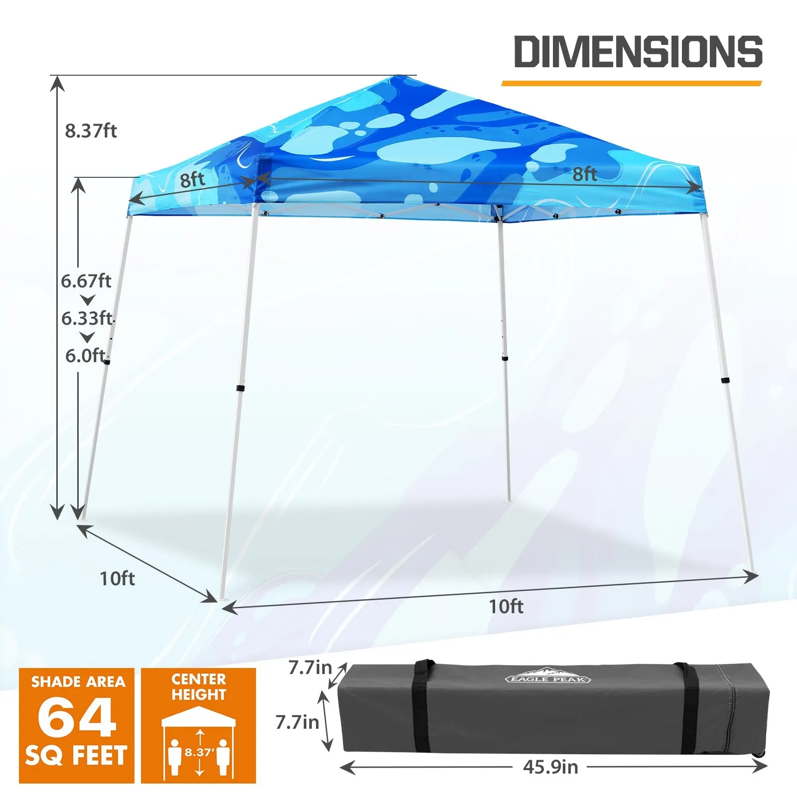 10x10 Slant Leg Pop-up Canopy Tent, 10x10 Base 8x8 Top (Blue Abstract)
