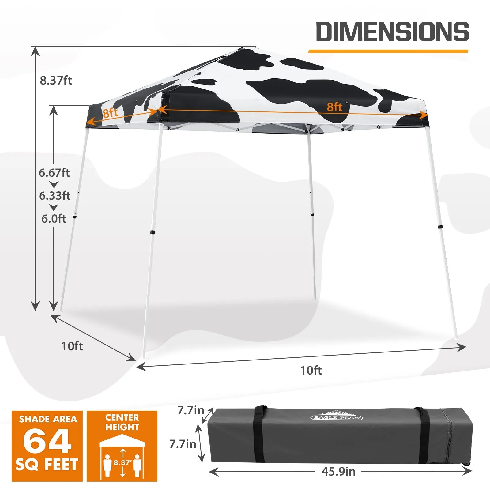 10x10 Slant Leg Pop-up Canopy Tent, 10x10 Base 8x8 Top (Cow Print)