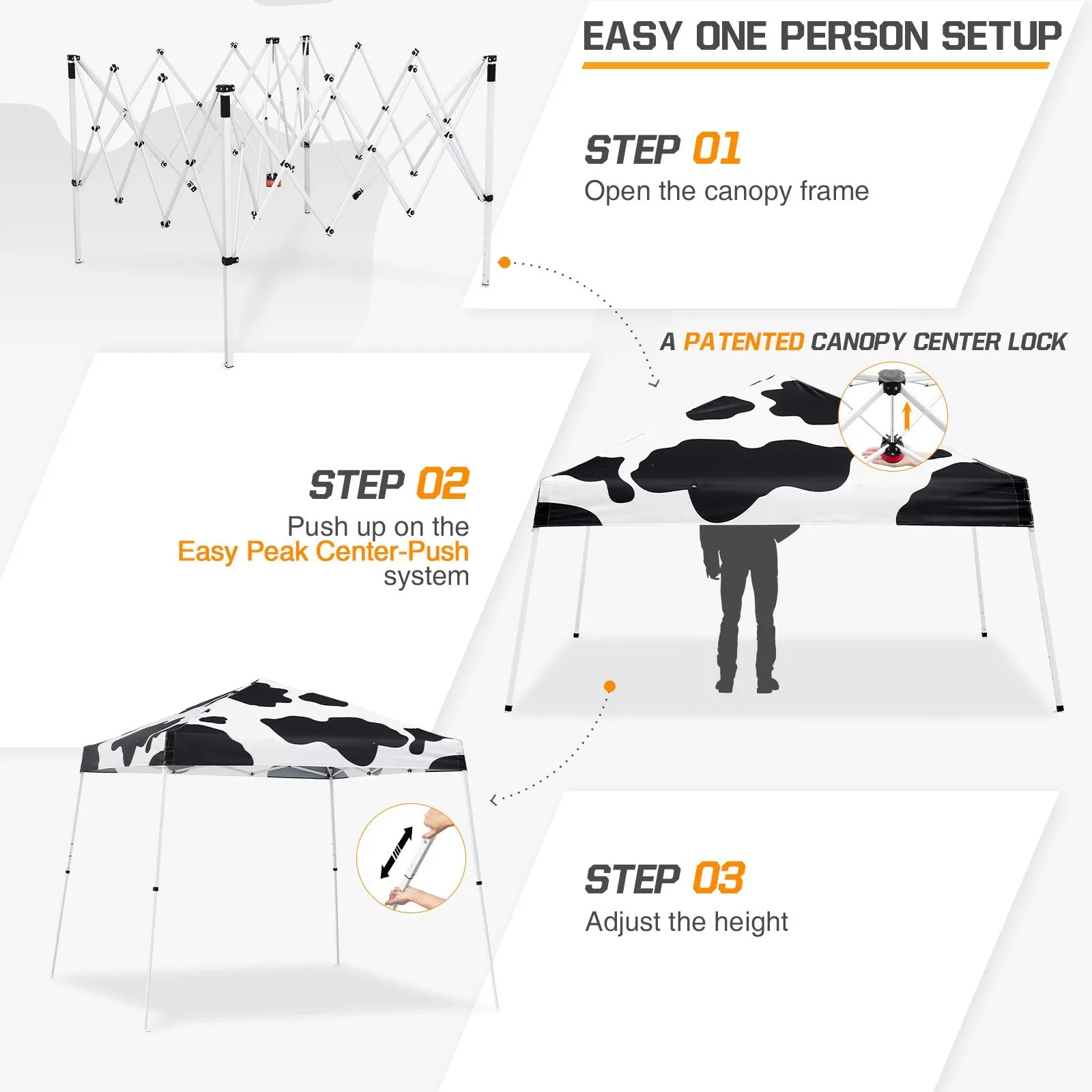 10x10 Slant Leg Pop-up Canopy Tent, 10x10 Base 8x8 Top (Cow Print)
