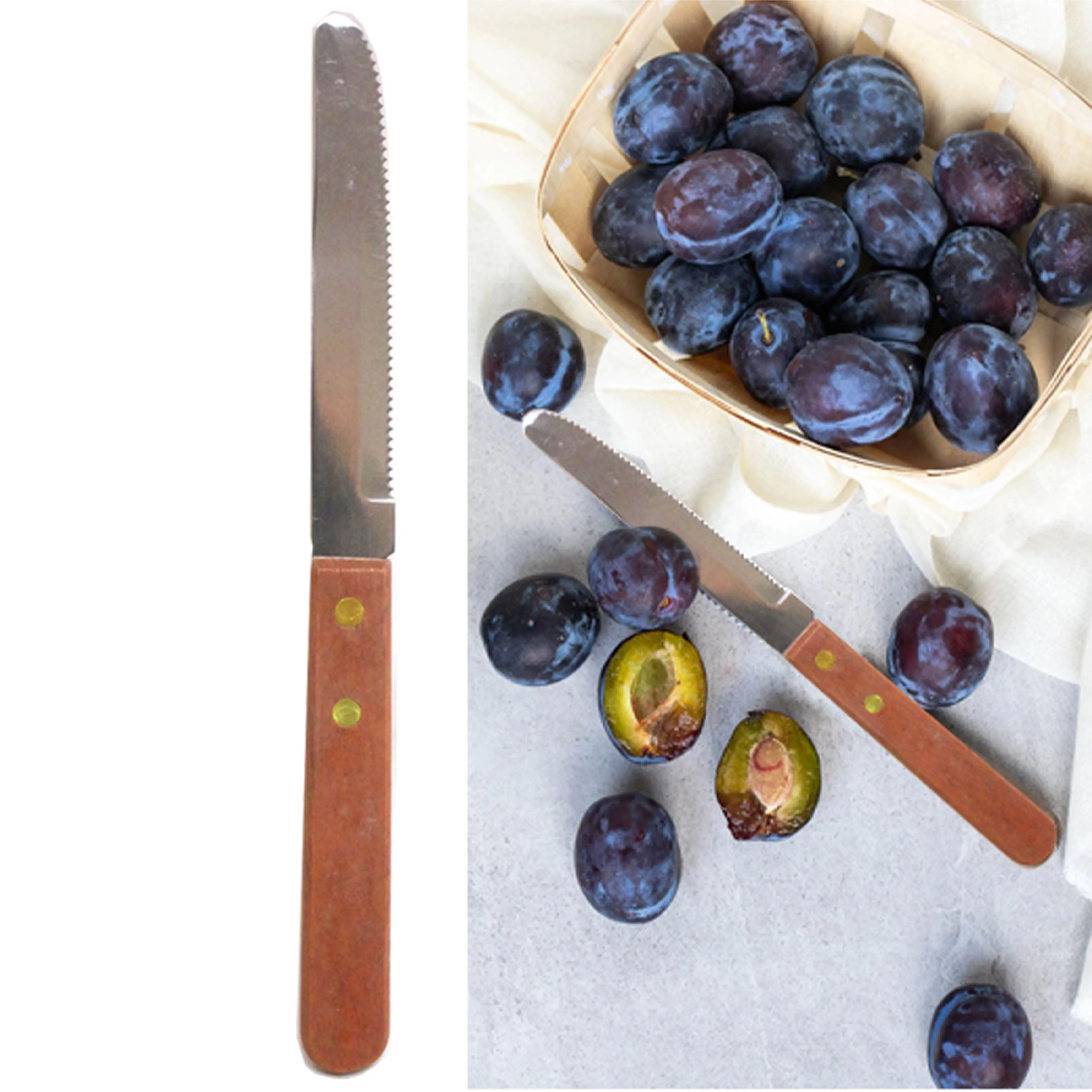 12 Steak Knife Serrated Edge Stainless Steel Blade Wooden Knives Cutlery Utensil
