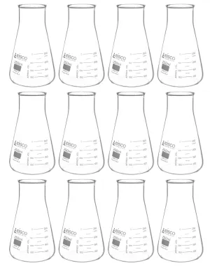 12PK Erlenmeyer Flask, 250mL - Wide Neck - ASTM, Dual Graduated Scale