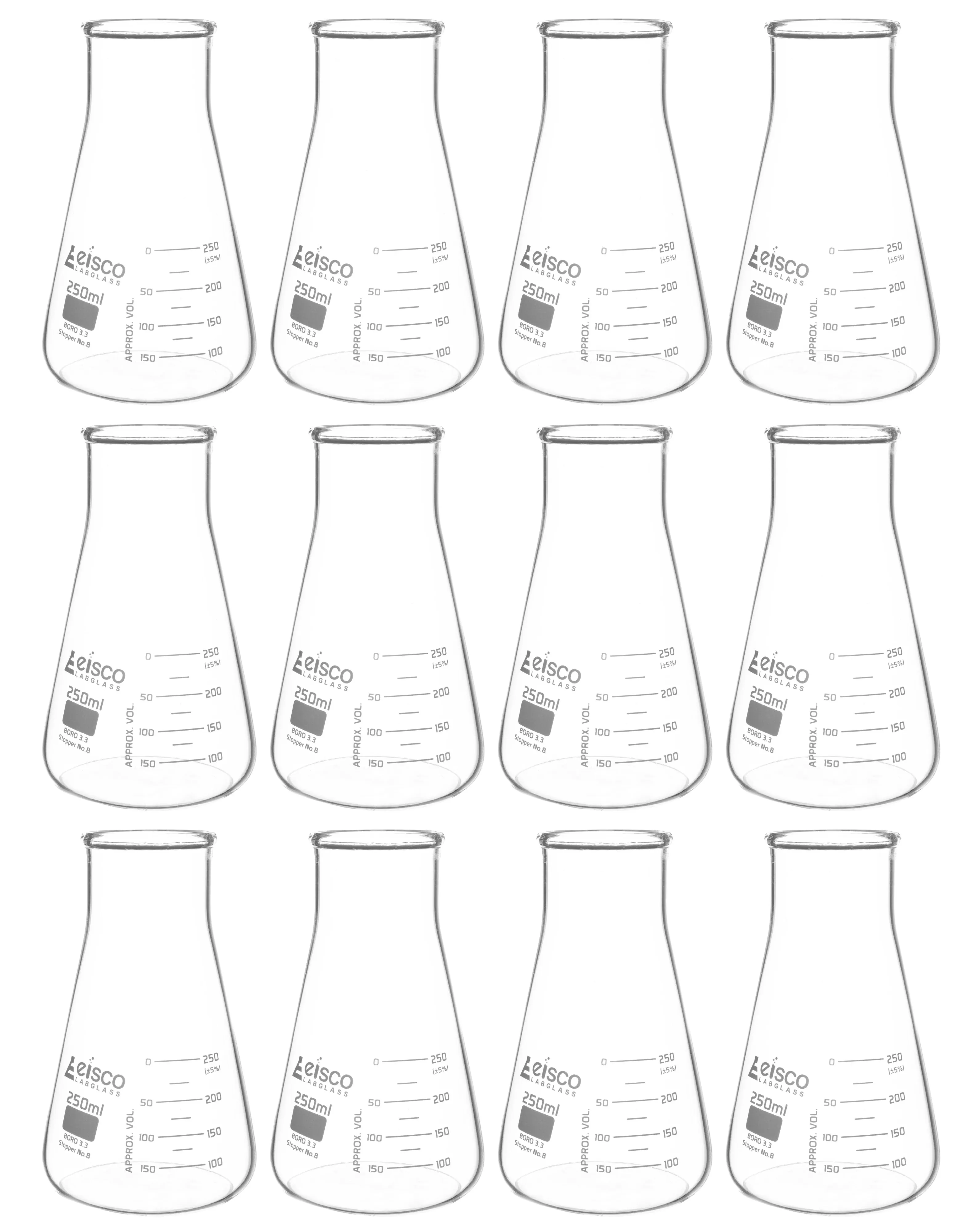 12PK Erlenmeyer Flask, 250mL - Wide Neck - ASTM, Dual Graduated Scale