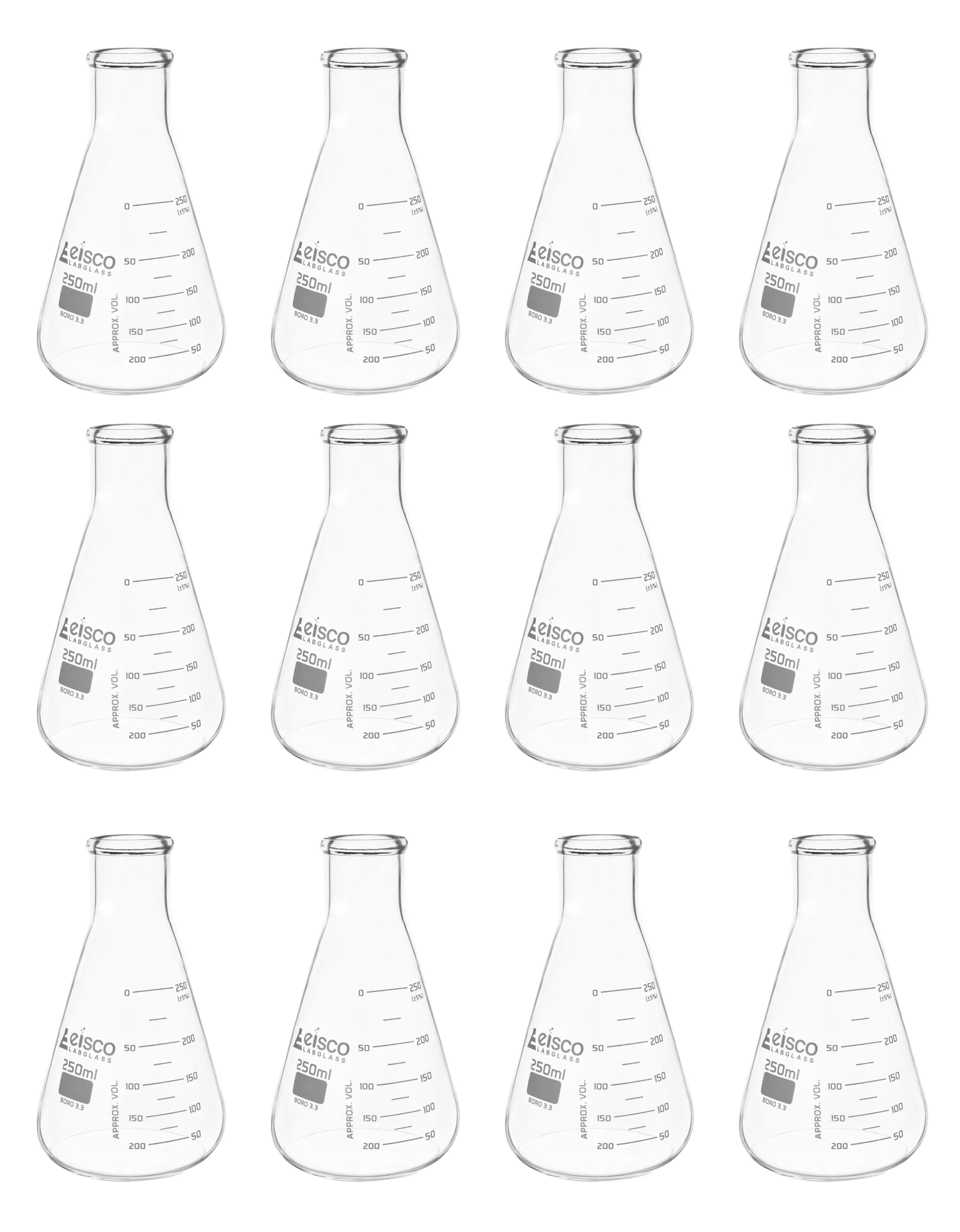 12PK Erlenmeyer Flasks, 250mL - ASTM, Dual Graduated Scale - Borosilicate Glass