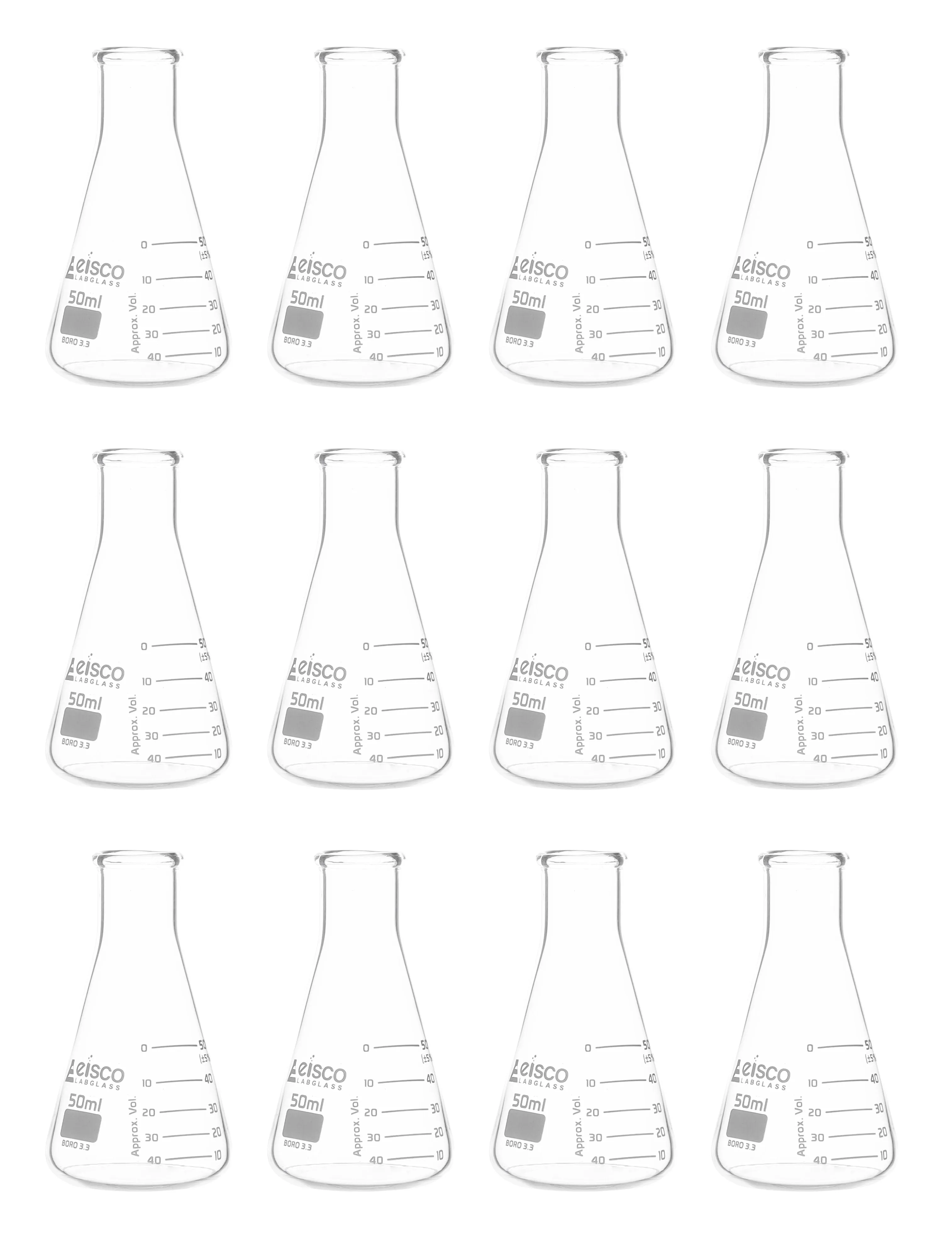 12PK Erlenmeyer Flasks, 50mL - ASTM, Dual Graduated Scale - Borosilicate Glass