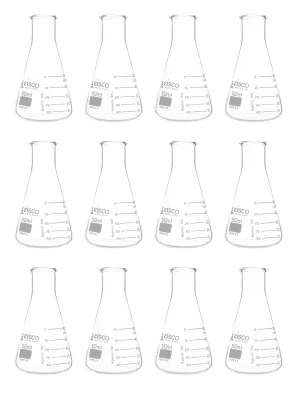 12PK Erlenmeyer Flasks, 50mL - ASTM, Dual Graduated Scale - Borosilicate Glass
