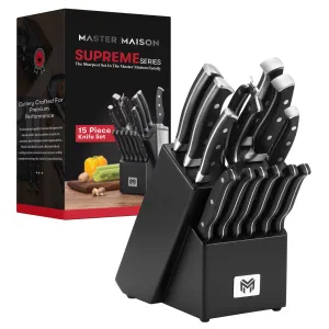 15-Piece Kitchen Knife Set Black With Wooden Block & Sharpener - Best German
