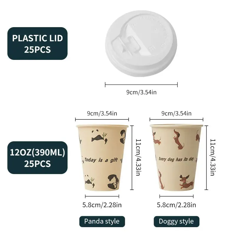25 Pack 12Oz Eco Friendly Paper Coffee Cups With Lids Cute Panda Design Disposable Takeout Drinkware