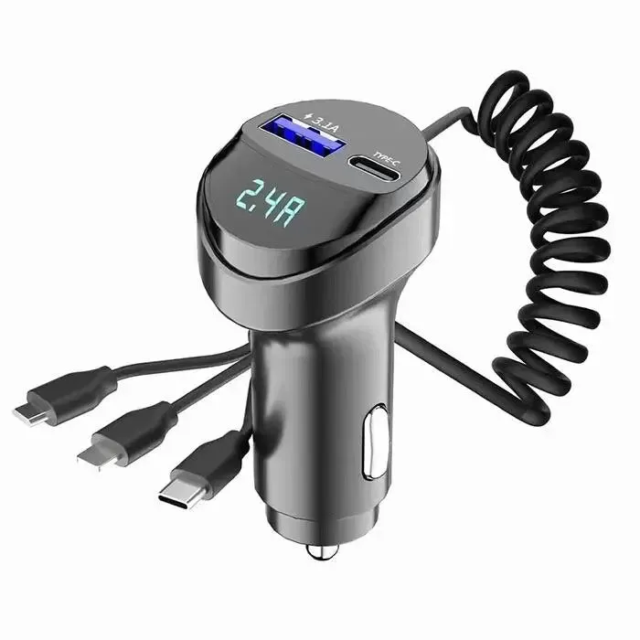 55w 2 Port Usb Car Charger with Voltage Display and Retractable Cable