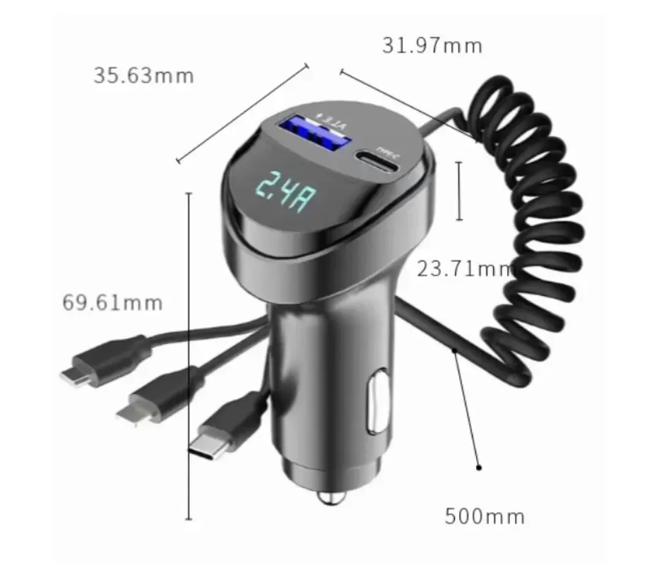 55w 2 Port Usb Car Charger with Voltage Display and Retractable Cable
