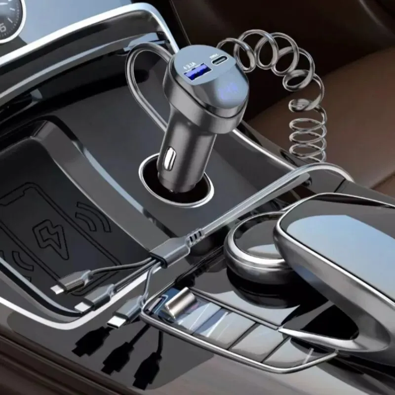 55w 2 Port Usb Car Charger with Voltage Display and Retractable Cable