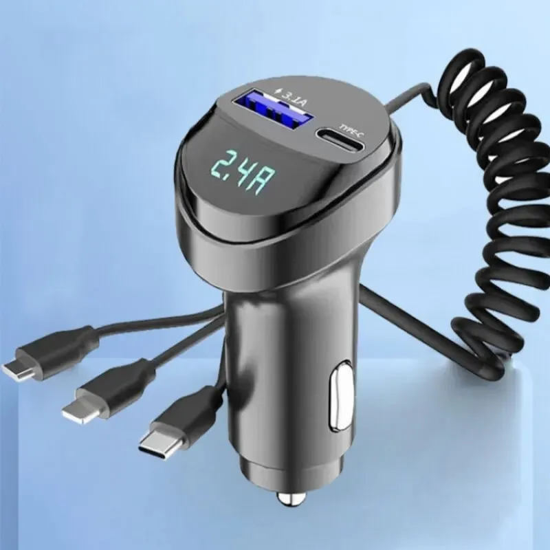 55w 2 Port Usb Car Charger with Voltage Display and Retractable Cable