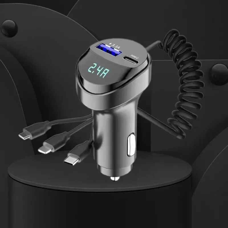 55w 2 Port Usb Car Charger with Voltage Display and Retractable Cable