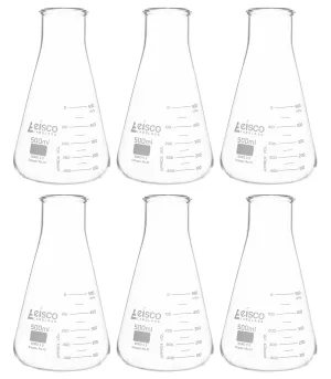 6PK Erlenmeyer Flask, 500mL - Wide Neck - ASTM, Dual Graduated Scale