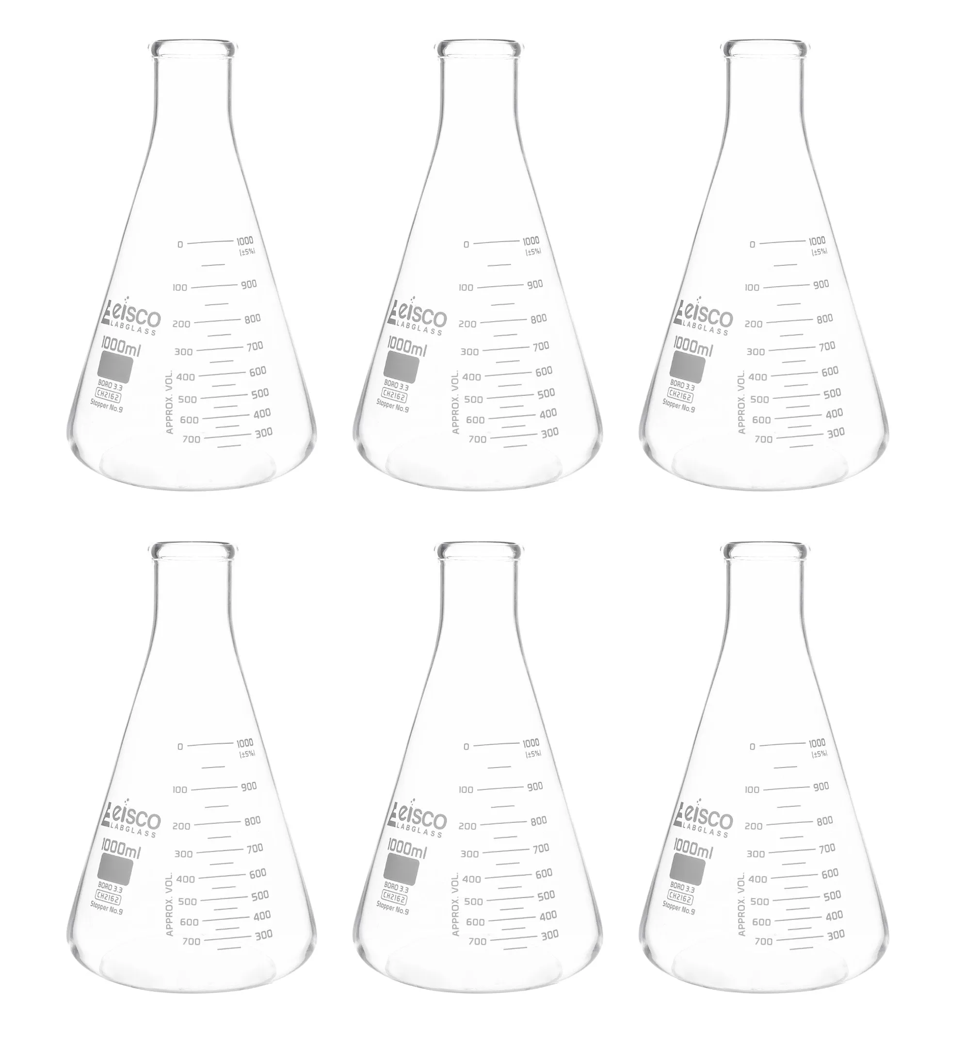 6PK Erlenmeyer Flasks, 1000mL - ASTM, Dual Graduated Scale - Borosilicate Glass