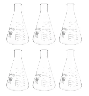 6PK Erlenmeyer Flasks, 1000mL - ASTM, Dual Graduated Scale - Borosilicate Glass