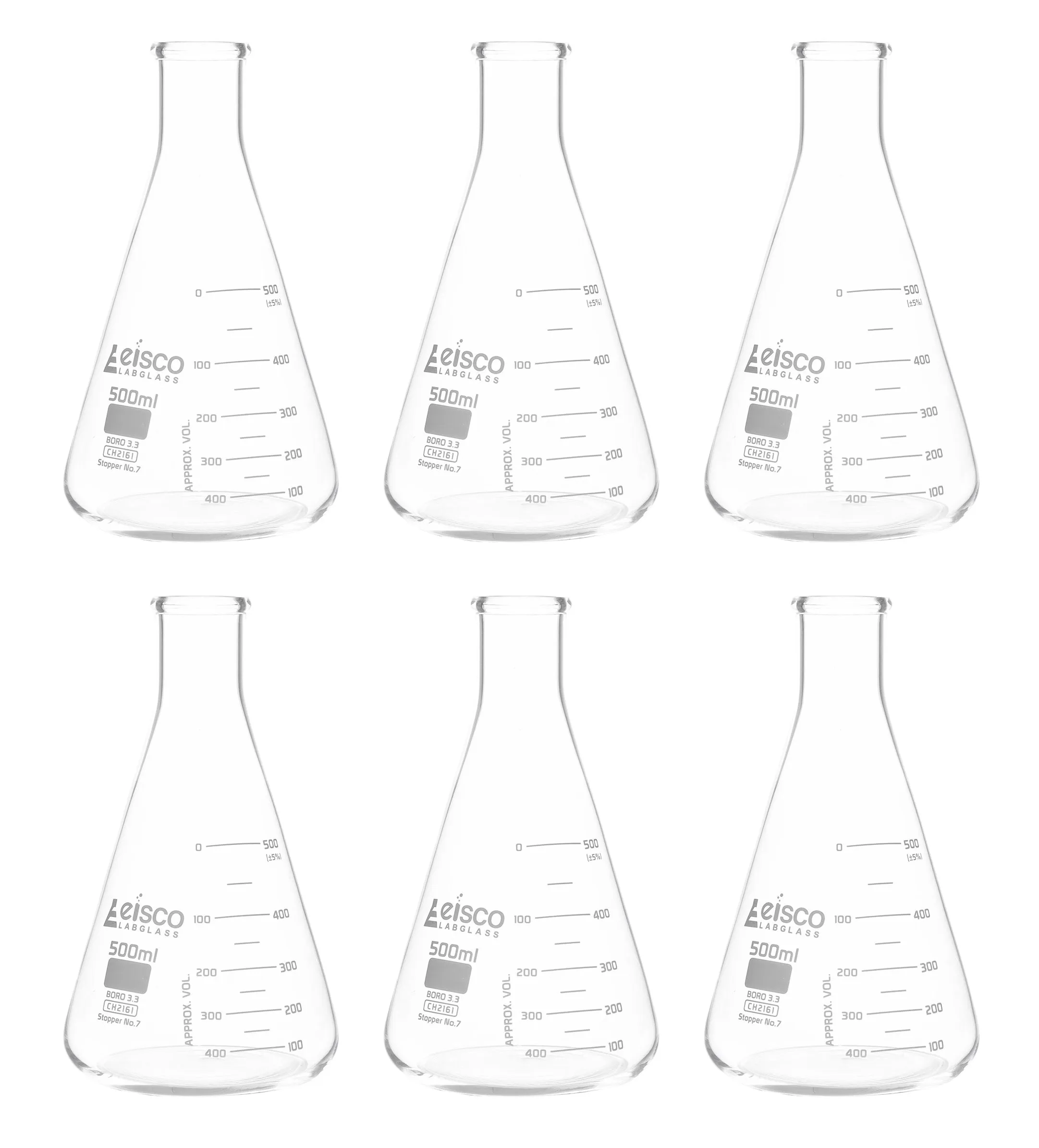 6PK Erlenmeyer Flasks, 500mL - ASTM, Dual Graduated Scale - Borosilicate Glass