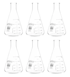 6PK Erlenmeyer Flasks, 500mL - ASTM, Dual Graduated Scale - Borosilicate Glass