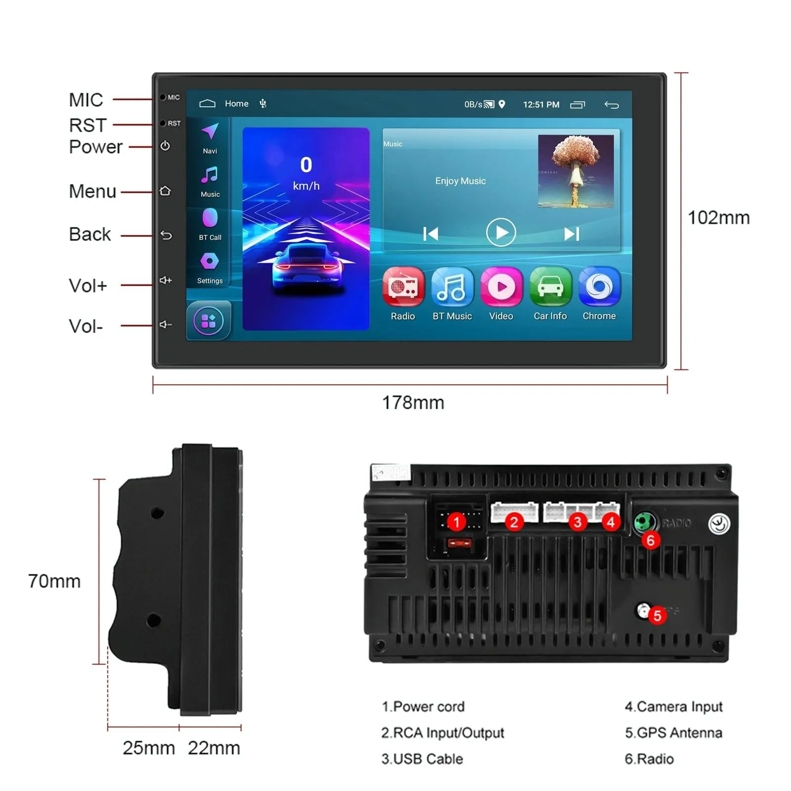 7 Inch Android 11 Carplay Navigation Player   Ahd Camera