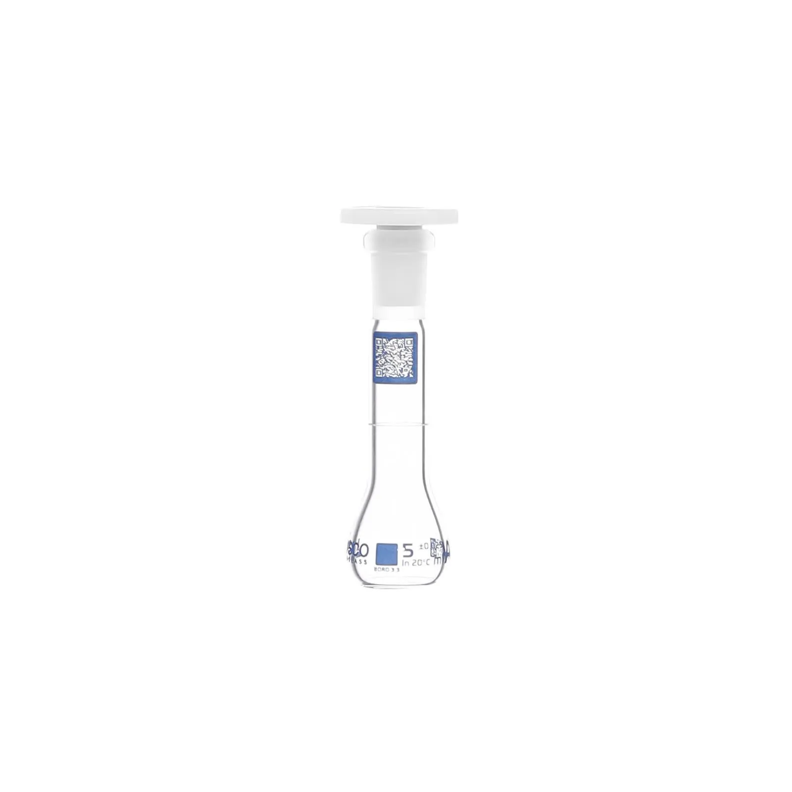 Eisco Volumetric Flask, 5mL - Class A - Borosilicate Glass, Polyethylene Stopper, 10/19 Socket - QR Code Marking for Calibration Certificate