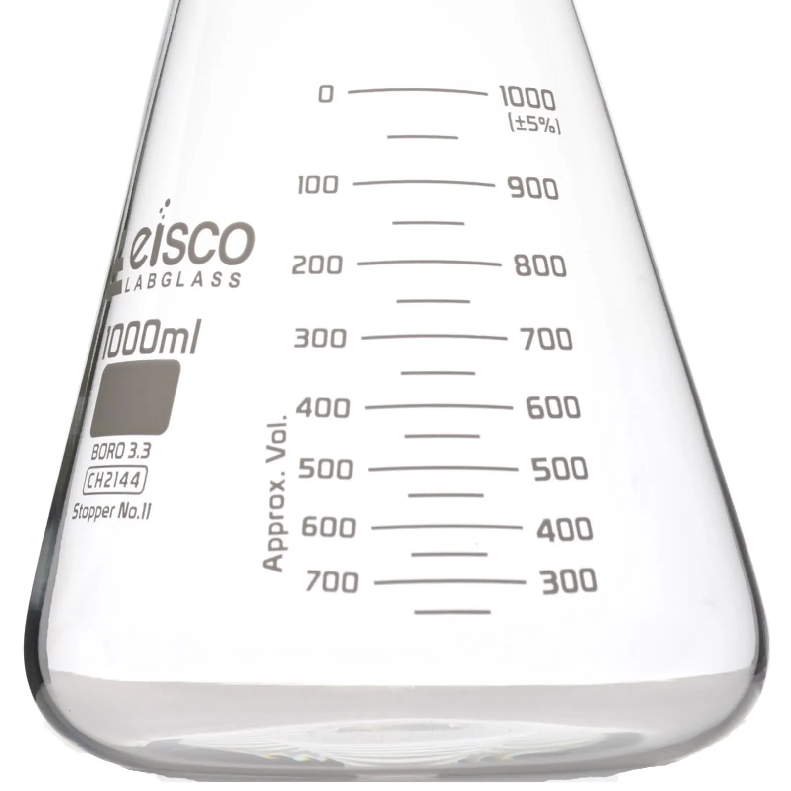 Erlenmeyer Flask, 1000mL - Wide Neck - ASTM, Dual Graduated Scale - Borosilicate Glass - Wide Neck Flasks, Conical Flasks, Glass Flasks - Eisco Labs