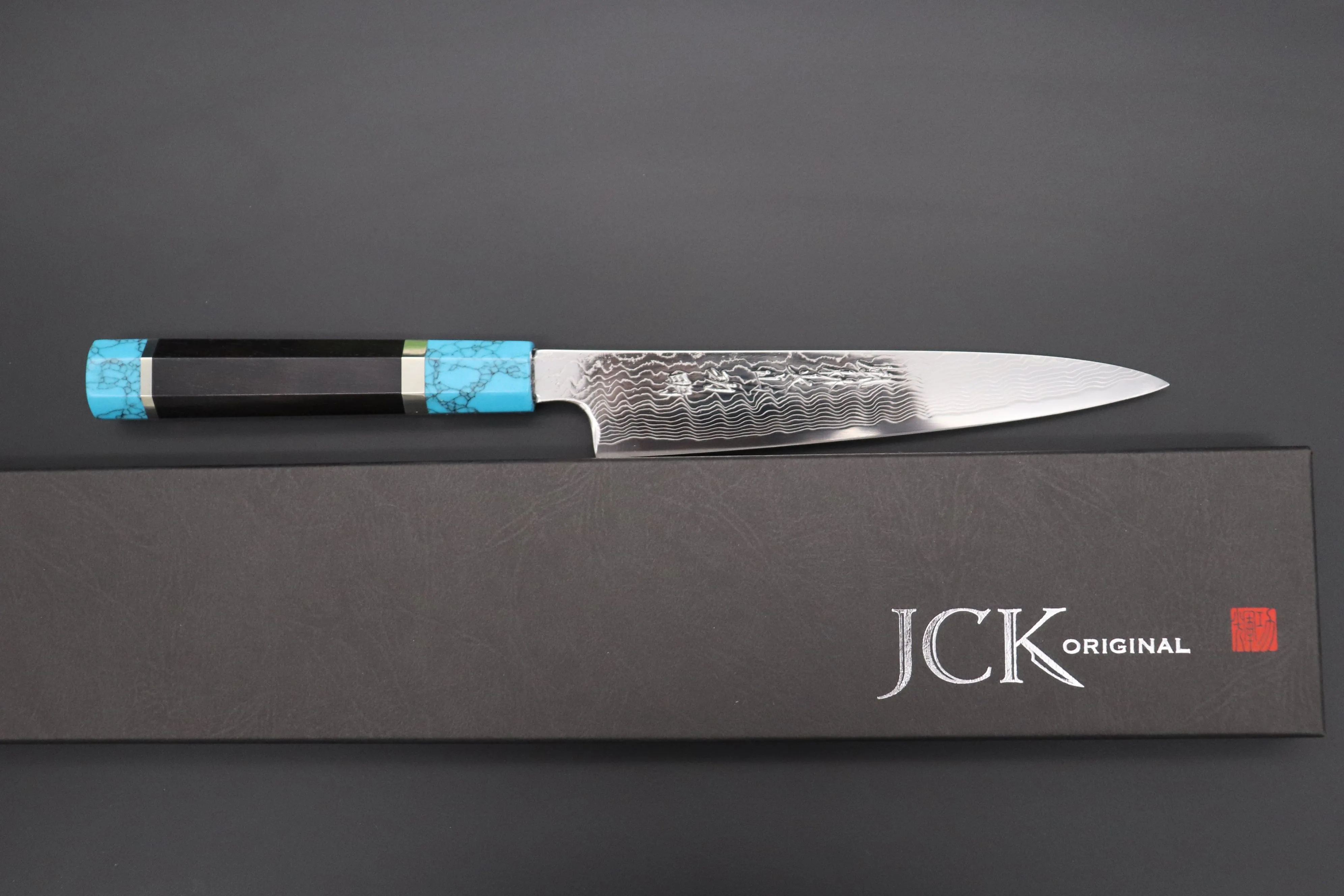 Fu-Rin-Ka-Zan YUTAKA 豊佳 Series R-2 Damascus Edition FRDYP-11 Wa Petty 165mm (6.4 Inch, Octagonal Ebonywood Handle with Turquoise Composite Stone Ferrule & Butt)