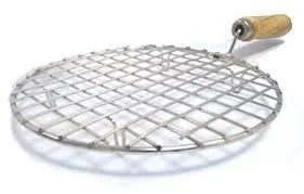 Kitchen Round Stainless Steel Roaster Papad Jali, Barbecue Grill with Wooden Handle