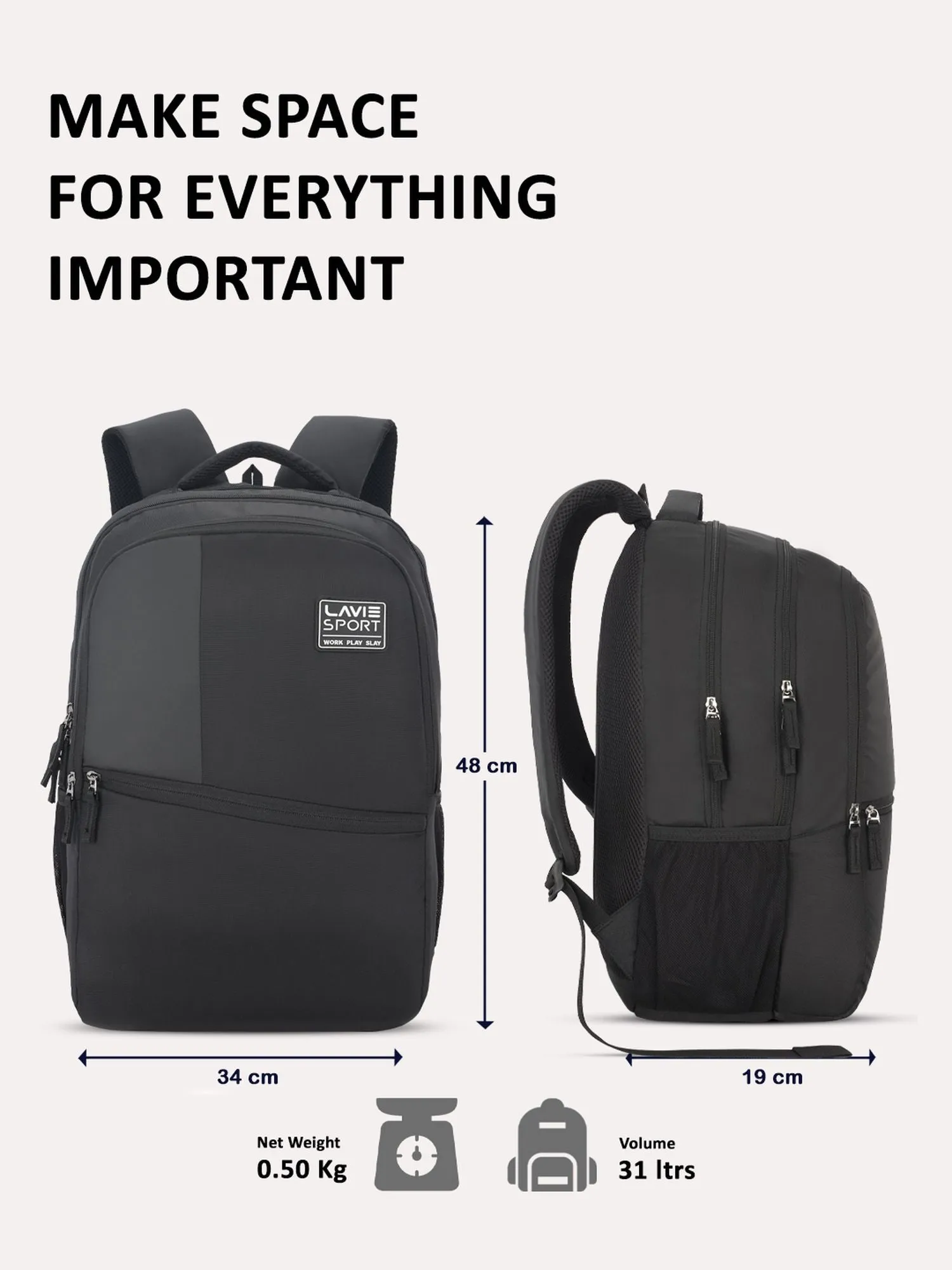 Lavie Sport Classic 31L Laptop Backpack For Men & Women Black