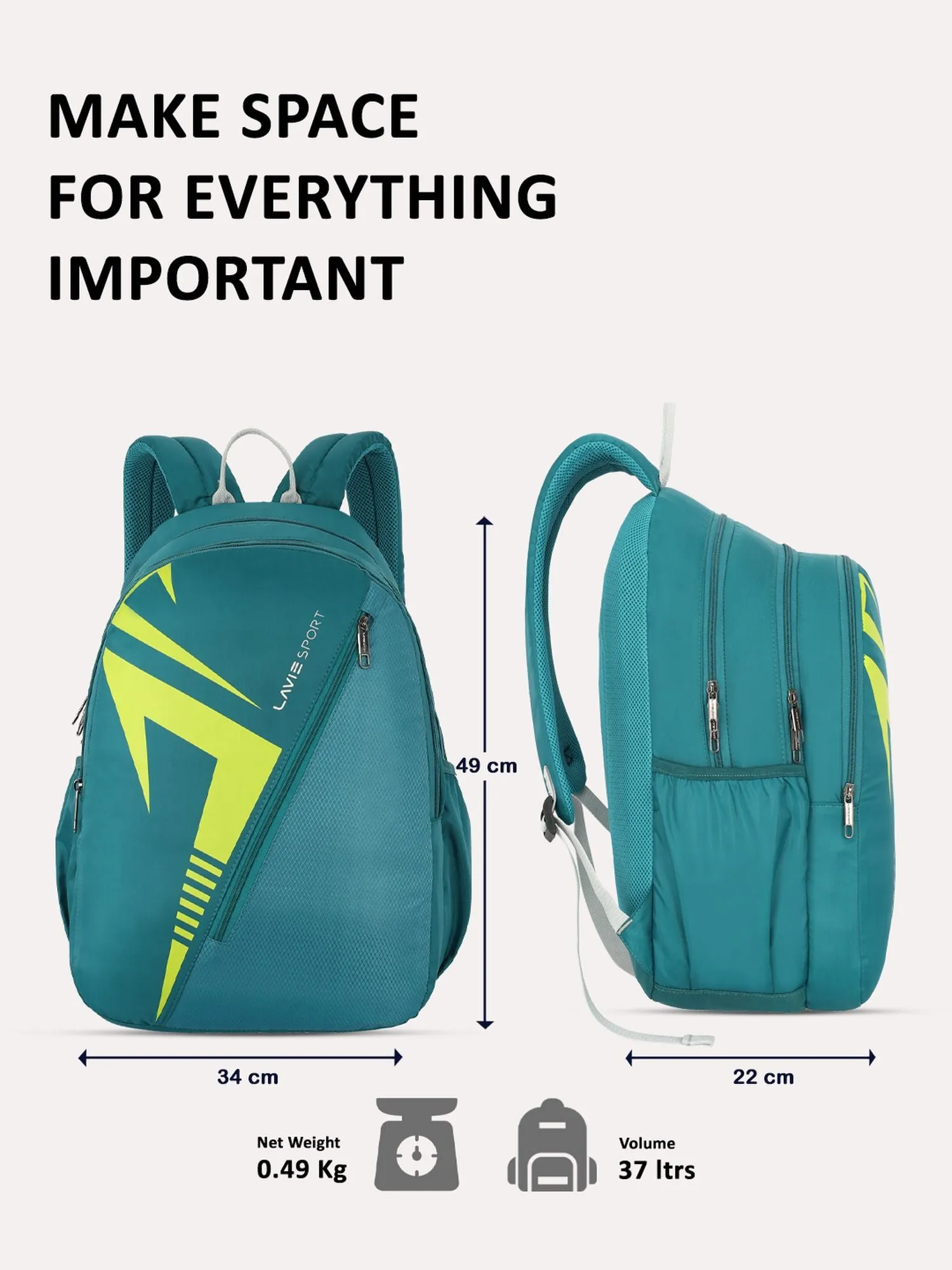 Lavie Sport Tribal 37L College Bag For Boys & Girls | Backpack For Men & Women Teal