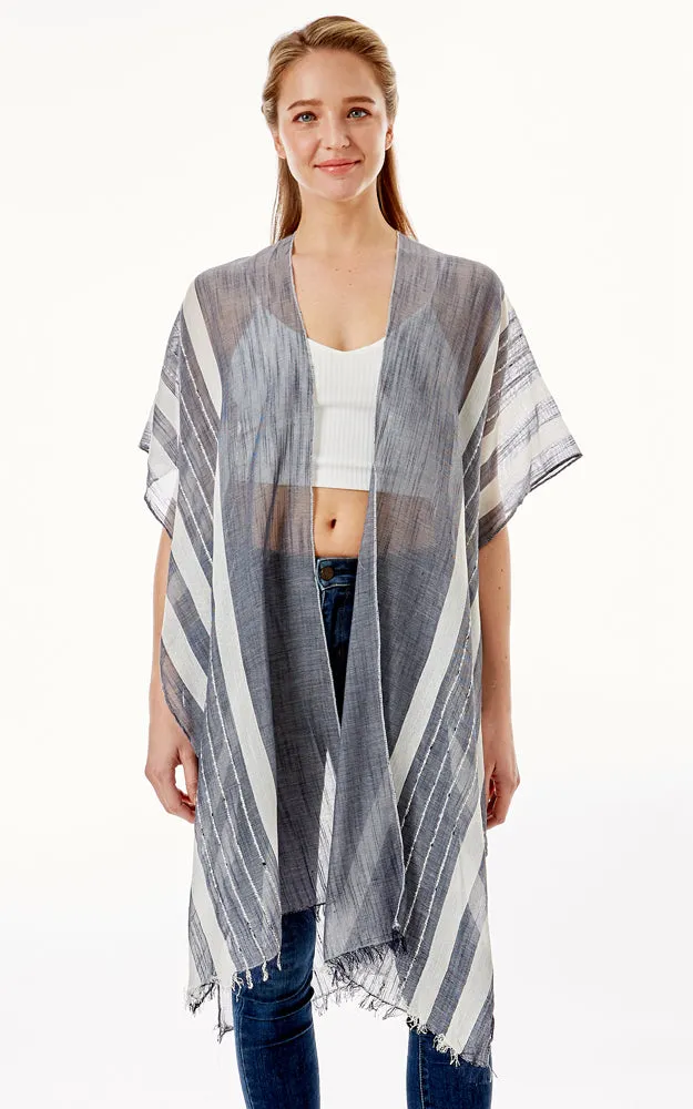 LOF1281 Multi Striped Pattern Cover Up with Self Fringes
