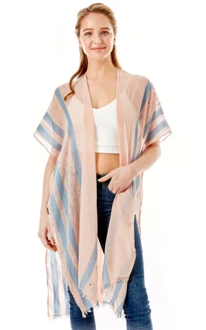 LOF1281 Multi Striped Pattern Cover Up with Self Fringes