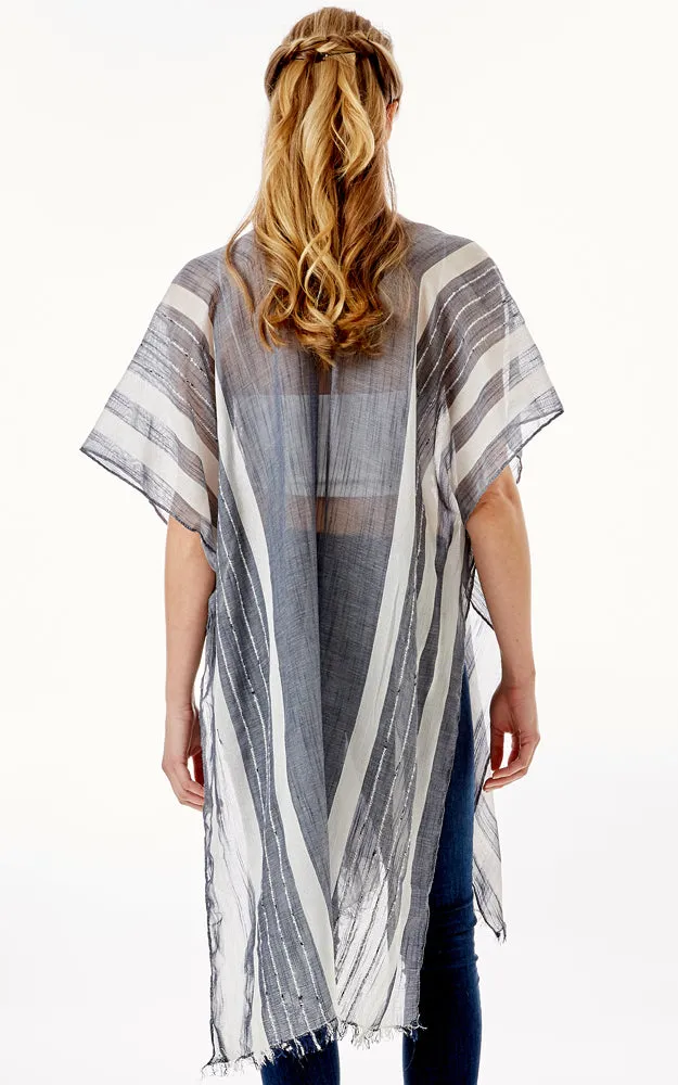 LOF1281 Multi Striped Pattern Cover Up with Self Fringes