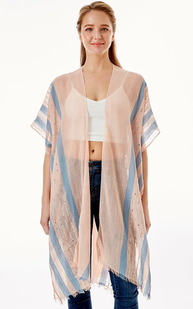 LOF1281 Multi Striped Pattern Cover Up with Self Fringes