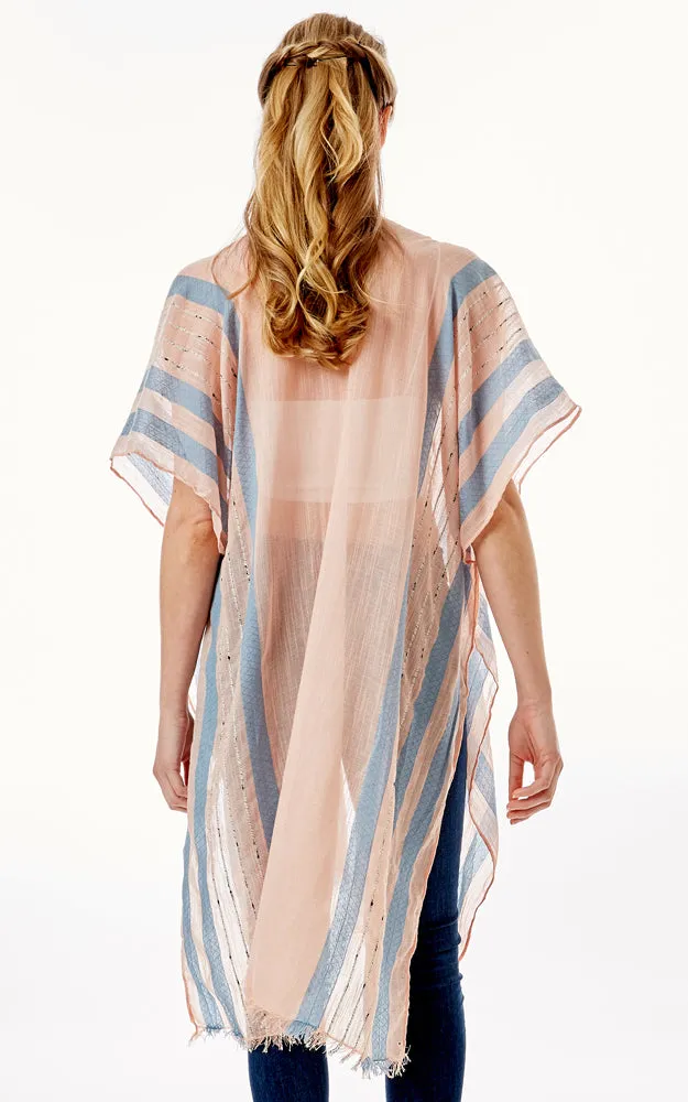 LOF1281 Multi Striped Pattern Cover Up with Self Fringes