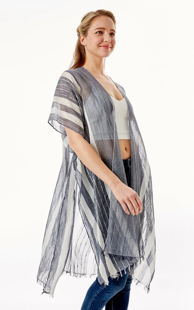 LOF1281 Multi Striped Pattern Cover Up with Self Fringes