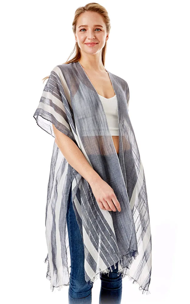 LOF1281 Multi Striped Pattern Cover Up with Self Fringes