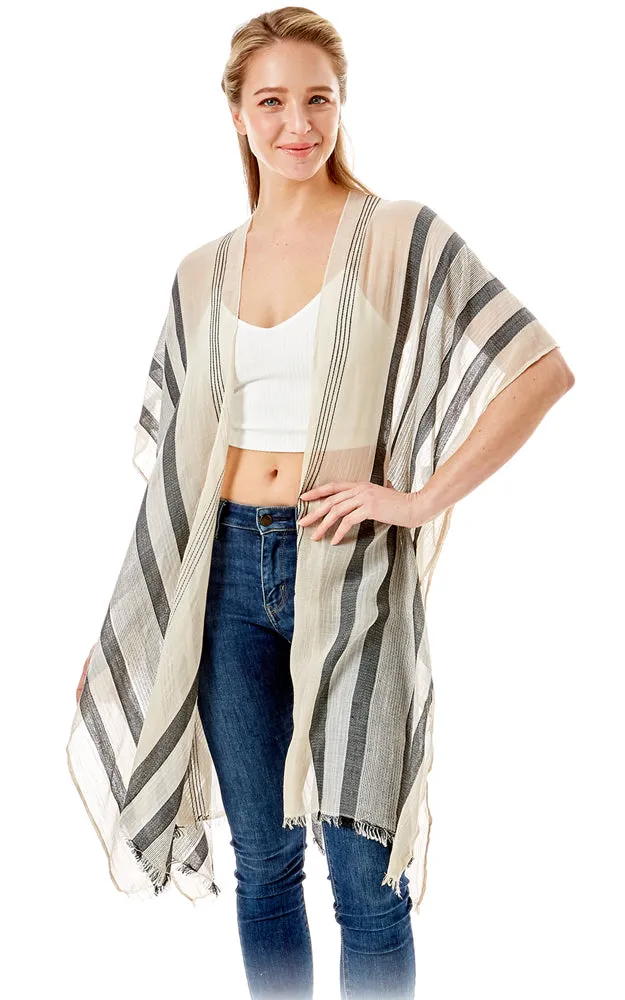 LOF1281 Multi Striped Pattern Cover Up with Self Fringes