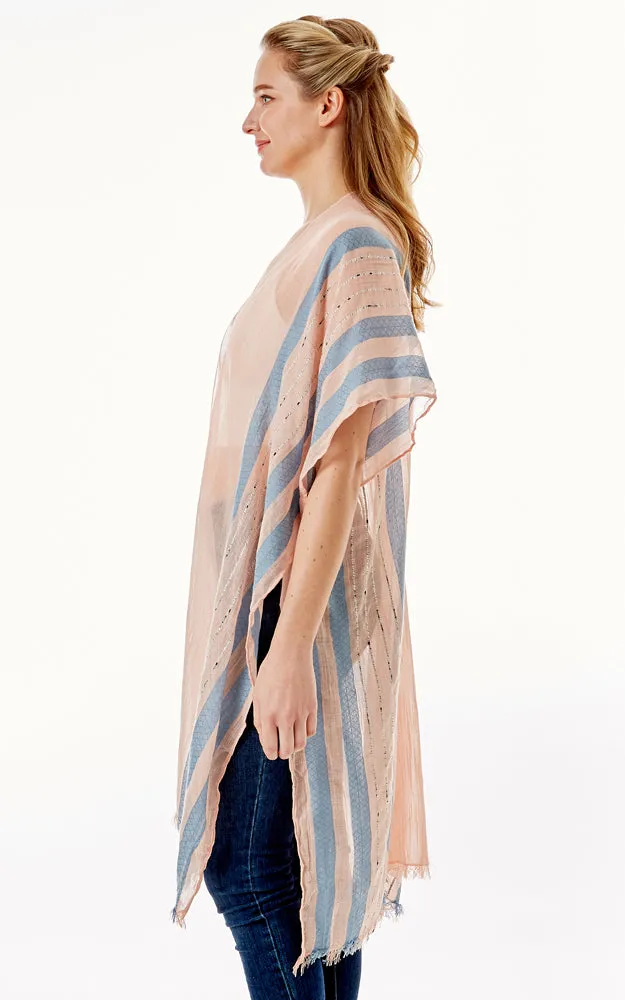 LOF1281 Multi Striped Pattern Cover Up with Self Fringes
