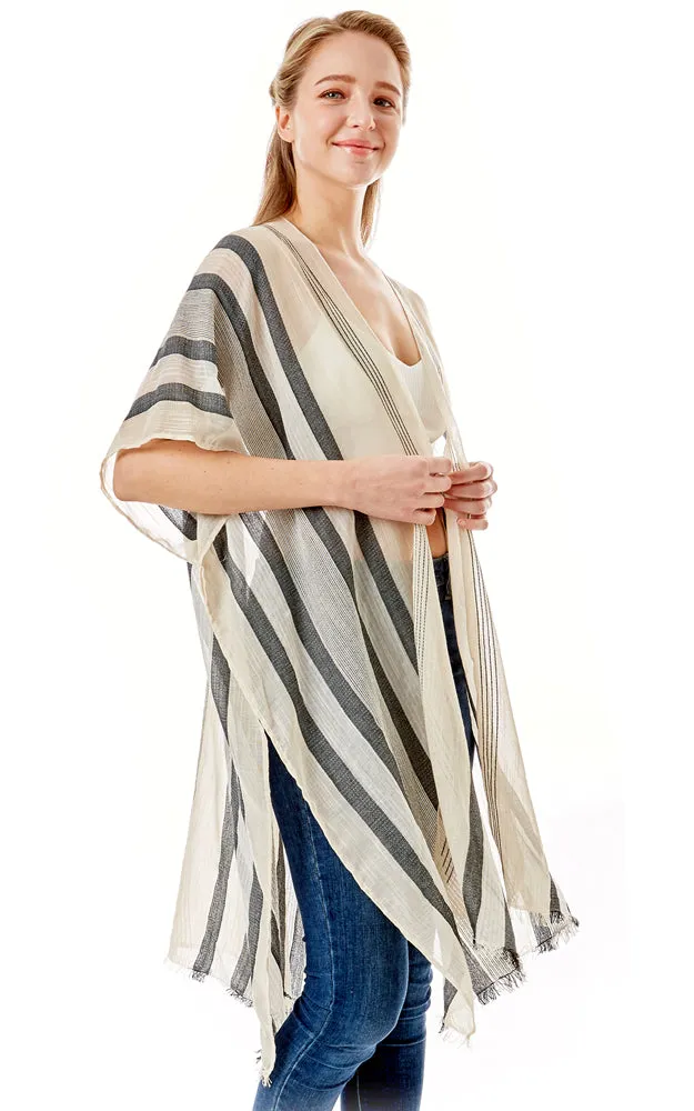 LOF1281 Multi Striped Pattern Cover Up with Self Fringes