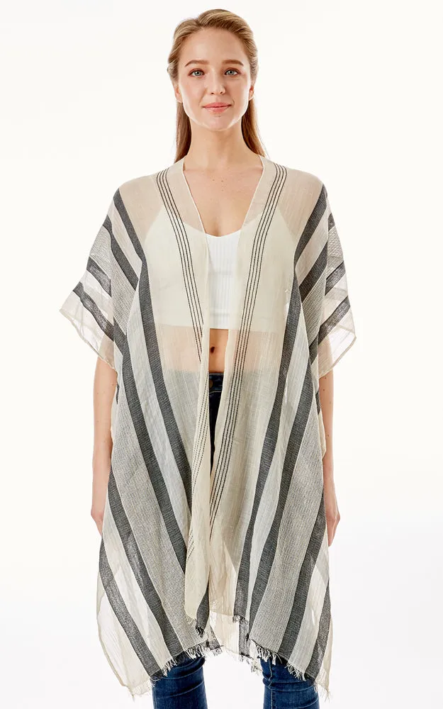 LOF1281 Multi Striped Pattern Cover Up with Self Fringes