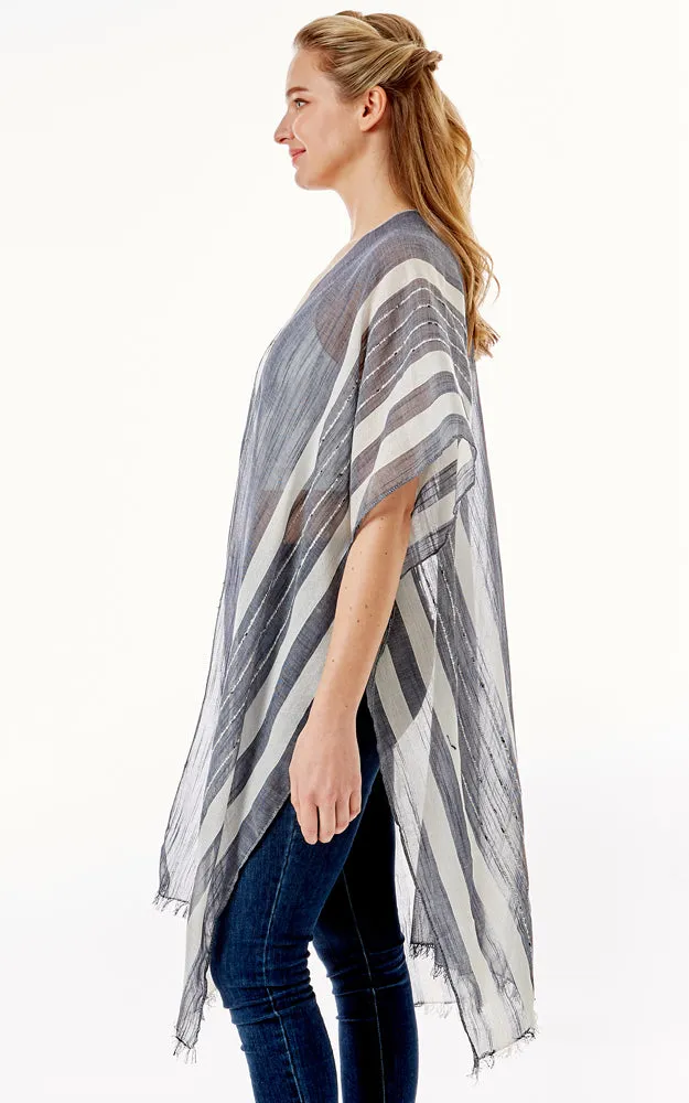 LOF1281 Multi Striped Pattern Cover Up with Self Fringes