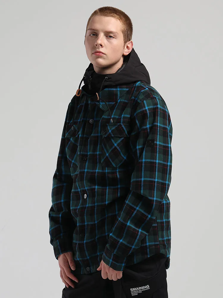 Men's Autumn And Winter Blue And Green Plaid Shirt Ski Suit Waterproof Thick Warm Veneer Trend Loose Snow Suit