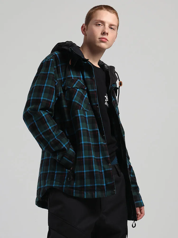 Men's Autumn And Winter Blue And Green Plaid Shirt Ski Suit Waterproof Thick Warm Veneer Trend Loose Snow Suit