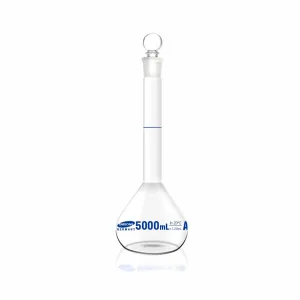 Omsons Glassware Volumetric Flask 5000ml Capacity | Neck Size 34/35 | Class A | NABL Certified | Made of Borosilicate Glass 3.3 | Low Exp. | Pack of 1