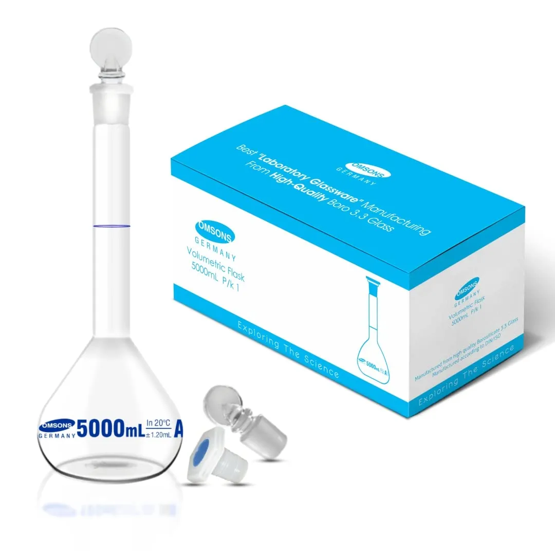 Omsons Glassware Volumetric Flask 5000ml Capacity | Neck Size 34/35 | Class A | NABL Certified | Made of Borosilicate Glass 3.3 | Low Exp. | Pack of 1