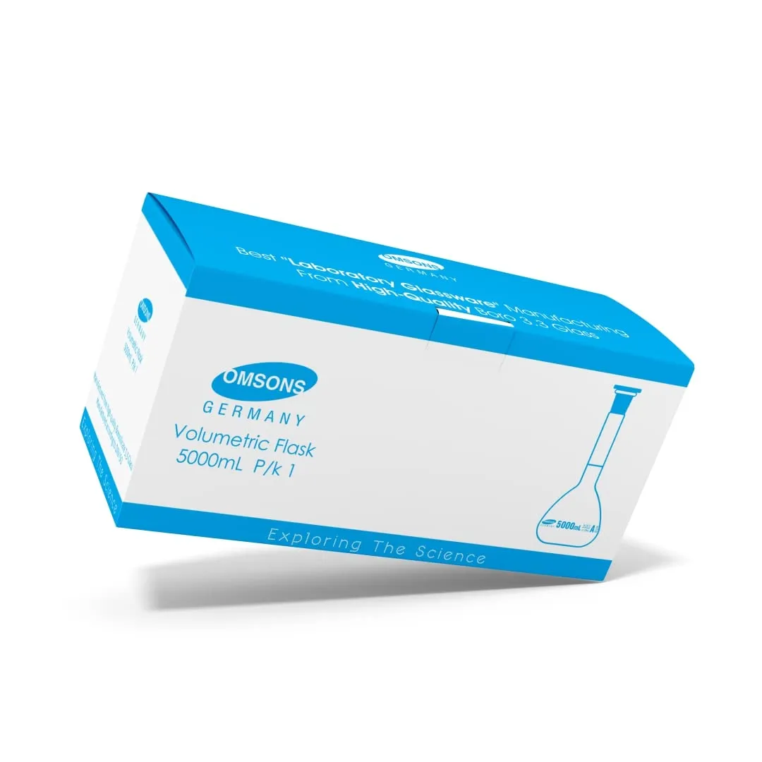 Omsons Glassware Volumetric Flask 5000ml Capacity | Neck Size 34/35 | Class A | NABL Certified | Made of Borosilicate Glass 3.3 | Low Exp. | Pack of 1