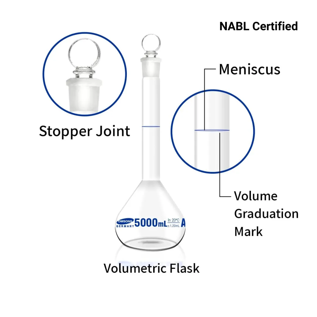 Omsons Glassware Volumetric Flask 5000ml Capacity | Neck Size 34/35 | Class A | NABL Certified | Made of Borosilicate Glass 3.3 | Low Exp. | Pack of 1