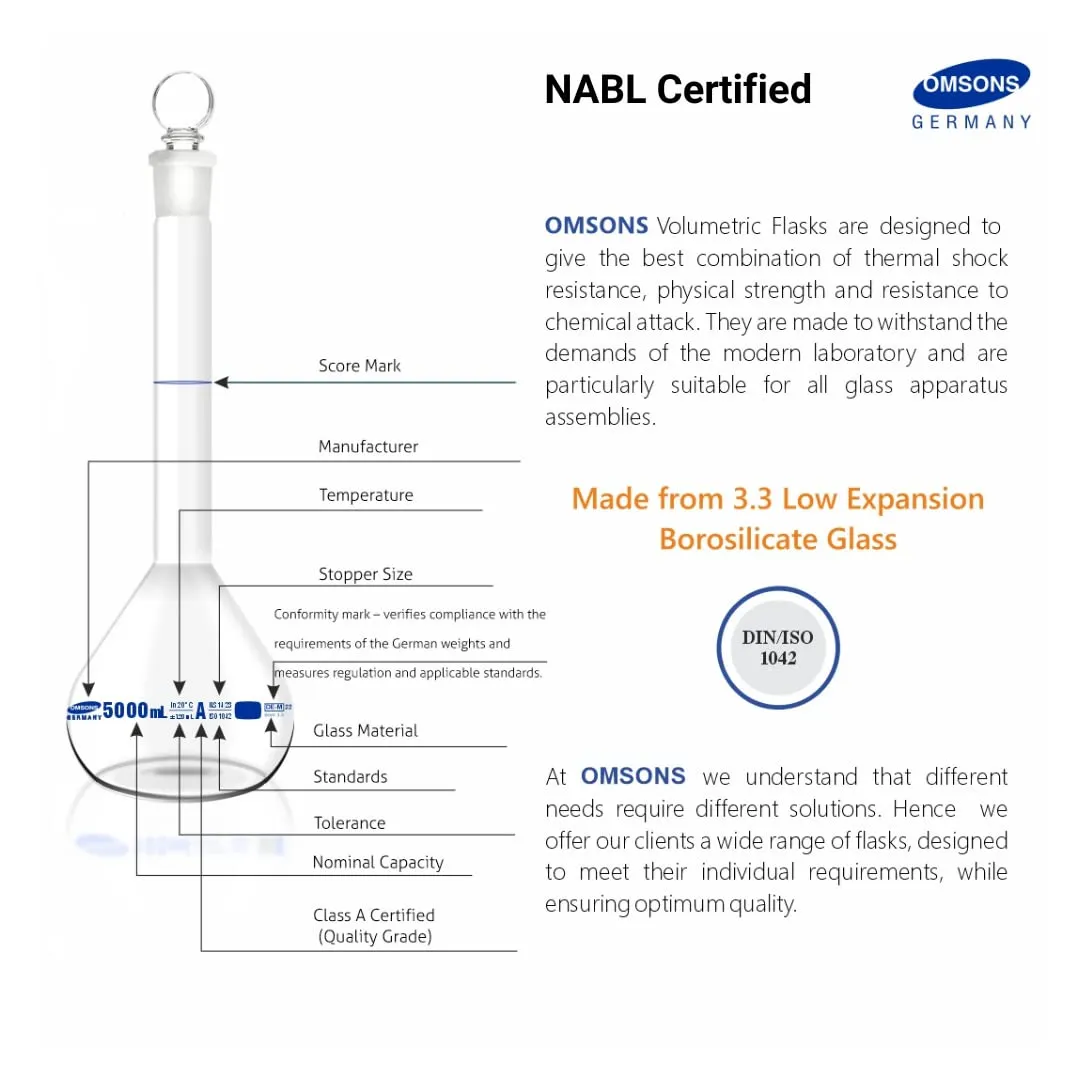 Omsons Glassware Volumetric Flask 5000ml Capacity | Neck Size 34/35 | Class A | NABL Certified | Made of Borosilicate Glass 3.3 | Low Exp. | Pack of 1