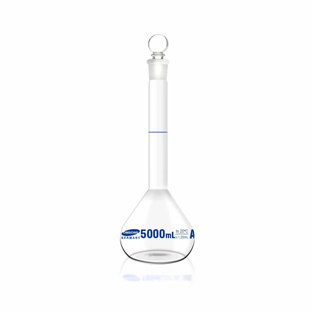 Omsons Glassware Volumetric Flask 5000ml Capacity | Neck Size 34/35 | Class A | NABL Certified | Made of Borosilicate Glass 3.3 | Low Exp. | Pack of 1