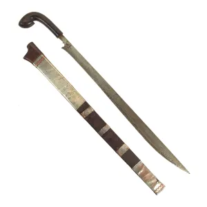 Original Late 18th Century Indonesian Parang Knife With Silver Mounted Wood Scabbard