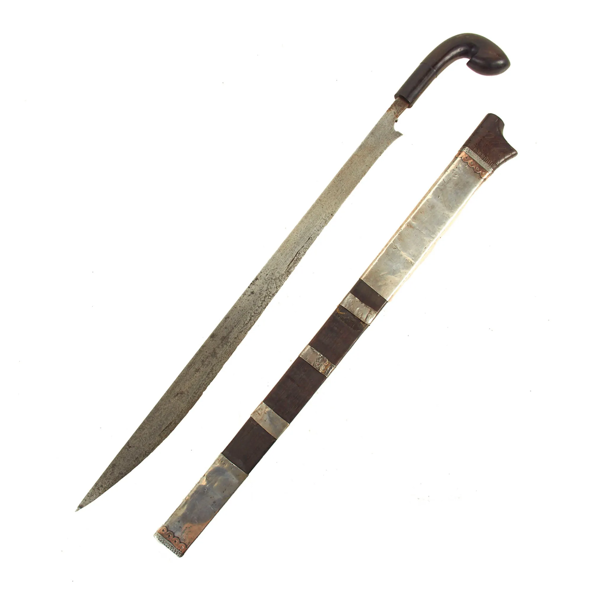 Original Late 18th Century Indonesian Parang Knife With Silver Mounted Wood Scabbard